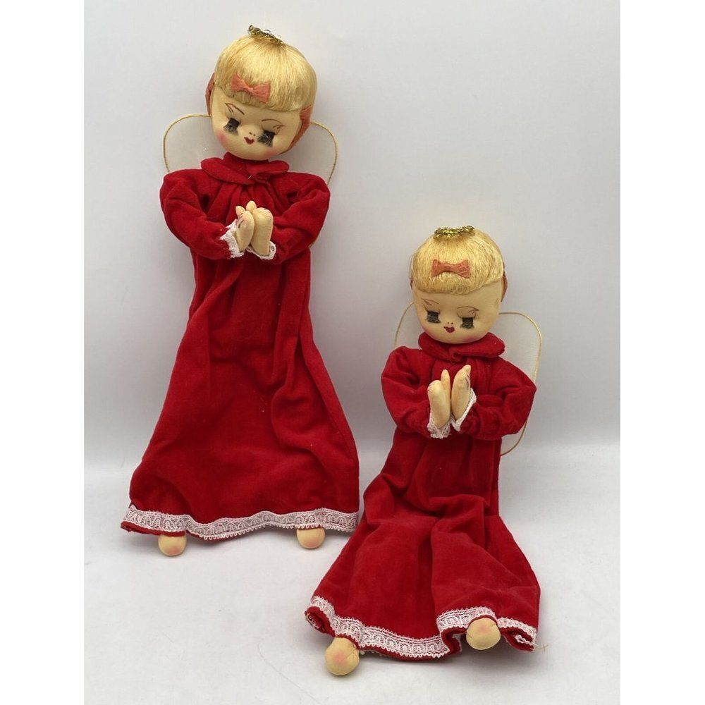 2 Vintage Christmas Angels Stockinette Doll Ornament Posable 11" Figures Japan